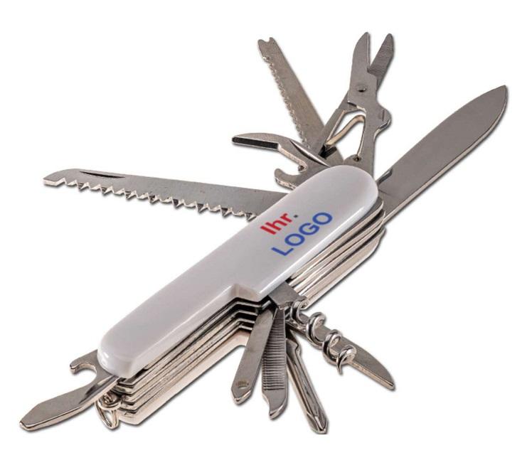 "Multifunktions-Taschenmesser"

- aus verschiedenen Bestandteilen zusammengesetztes Erzeugnis in Form eines Klappmessers (Taschenmesser) mit einseitig schneidender Klinge aus unedlem Metall (charakterbestimmmend) und Griffschalen, in die gemeinsam unlösbar eine Säge, ein Entschupper, eine Schere, ein Kapselheber mit Schraubendreherspitze, ein Dosenöffner, ein Korkenzieher, eine Näh- und Stechahle (Einfädelhilfe), eine Feile mit Spitzahle sowie ein Kreuzschlitz-Schraubendreher
  (jeweils aus unedlem Metall) eingesetzt sind

- Klingenlänge: etwa 62 mm, Grifflänge: etwa 90 mm

- am Gehäuse mit einem kleinen Schlüsselring aus unedlem Metall versehen

- in einem bedruckten Pappkarton aufgemacht

Abbildung siehe Anlage.

Derartige Erzeugnisse gehören als "Messer mit schneidender, nicht feststehender Klinge aus unedlem Metall, kein Messer der Pos. 8208" zur Codenummer 8211 9300 00 0 des Zolltarifs.