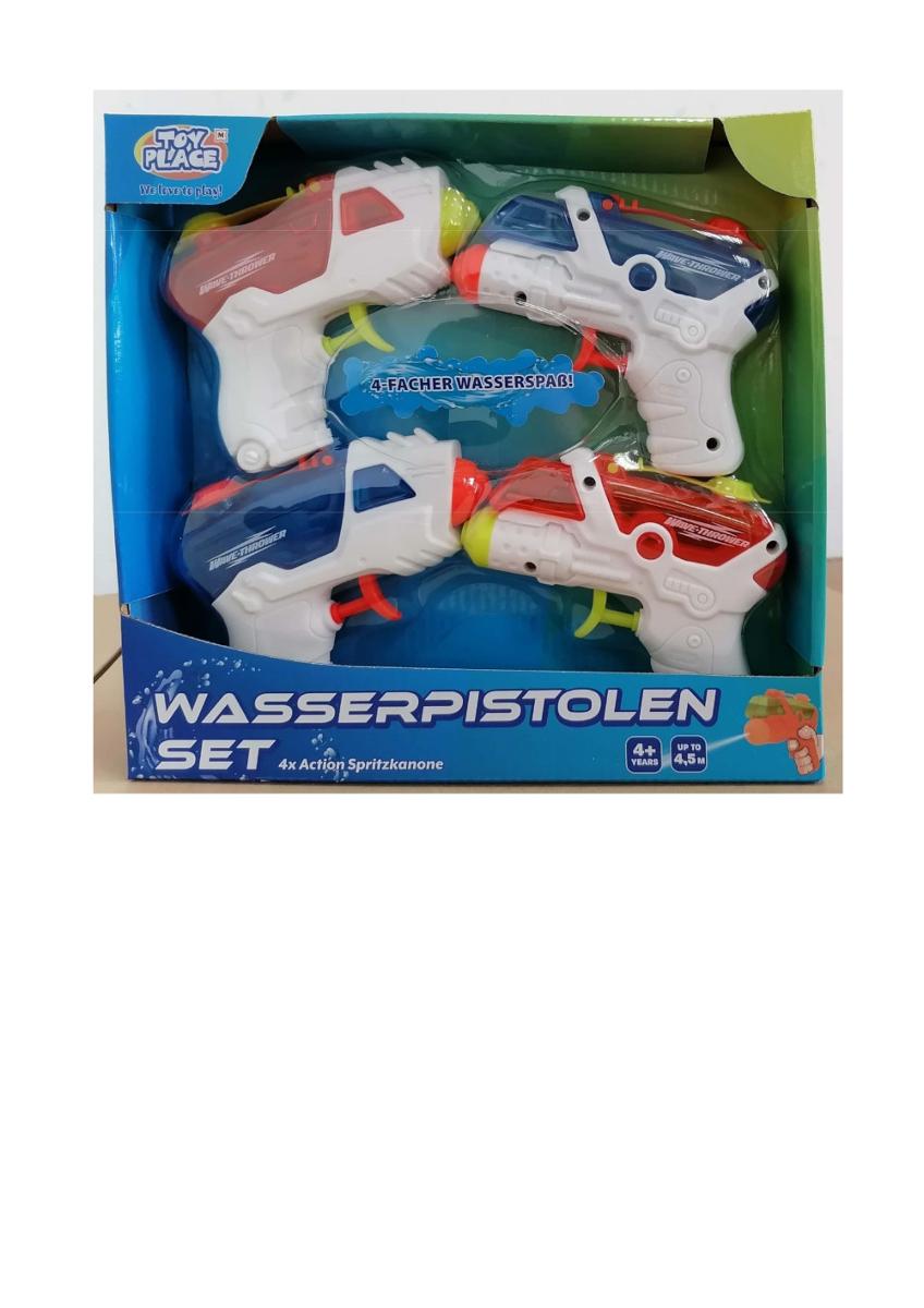 Bei dem vorliegenden Warenmuster handelt es sich um vier Spielzeugwaffen in Form von Wasserpistolen,
- aus transparentem Kunststoff gefertigt,
- in den Abmessungen von ca. 12 x 10 x 2,3 cm,
- die Pistole wird über eine verschließbare Öffnung mit Wasser befüllt, durch Pumpen
  des Abzughebels wird das Wasser durch eine Öffnung im Lauf der Pistole verspritzt,
- in den Farben Blau oder Rot,
- dient der spielerischen Unterhaltung von Kindern,
- zu vier Stück gemeinsam in einem Displaykarton verpackt.

Die Waren sind zolltarifrechtlich als "anderes als in den Unterpositionen (KN) 9503 0010 bis
9503 0079 genanntes Spielzeug, Spielzeugwaffe, nicht aus Holz handgearbeitet" einzureihen.