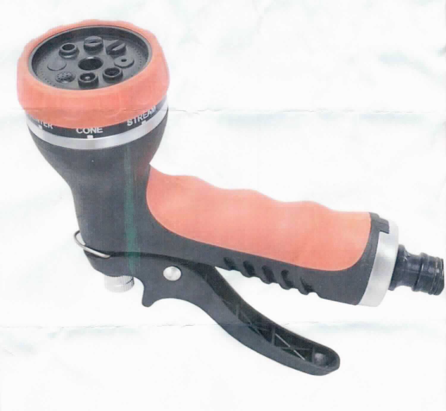 Gartenhandbrause (Multifunktionsbrause),
in einem Kunststoffgehäuse in Pistolenform mit einem Kunststoffgriff mit Weichgummiüberzug und einem Steckanschluss für einen Wasserschlauchadapter, mit einem Düsenkopf mit achtstufigem Verstellmechanismus zur Regulierung des Wasserstrahls sowie mit einem über einen integrierten Handhebel zu betätigenden federbelasteten Ventil zum Öffnen und Schließen des Wasserdurchflusses; siehe Abbildung.

Bei der Ware handelt es sich um eine Kombination aus einem Apparat zum Verspritzen von Flüssigkeiten der Position 8424 und einem Ventil der Unterposition 8481 8079, wobei keine Haupttätigkeit erkennbar ist. 
Dementsprechend wird die Ware der von den gleichermaßen in Betracht kommenden Unterpositionen in dieser Nomenklatur zuletzt genannten Unterposition zugewiesen.

Das Erzeugnis ist als "Armatur für Schlauchleitungen, nicht erfasst von den Unterpositionen 8481 10 - 8481 8079 30" einzureihen.