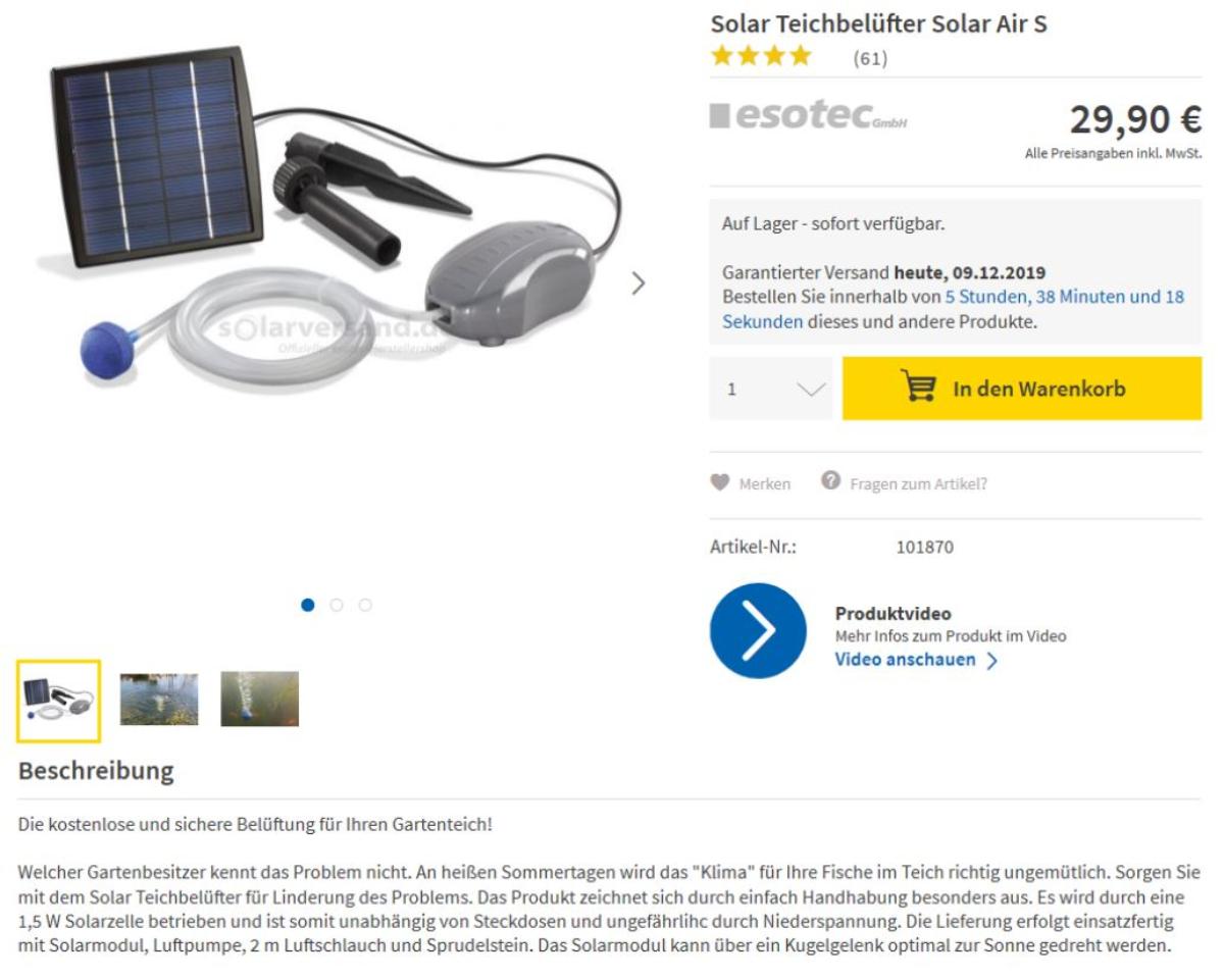 Sog. Solar-Teichbelüfter,
- aus einer elektromotorbetriebenen Luftpumpe mit Luftschlauch und Sprudelstein
  sowie einem über Kabel damit verbundenen Solarmodul (Abbildung siehe Anlage),
- zur Verbesserung des Klimas in Gartenteichen durch Anreicherung des Wassers
  mit Sauerstoff,
- in einer gemeinsamen Verkaufsumschließung mit Erdspieß und Solarmodul-
  halterung (Beipack).
Der Teichbelüfter bestimmt den Charakter des Ganzen.
„Luftpumpe, keine Ware der TARIC-Codes 8414 1015 00 bis 8414 8080 20 (Funktionelle Einheit aus Luftpumpe - charakterbestimmend - und über Kabel verbundenem Solarmodul in Warenzusammenstellung in Aufmachung für den Einzelverkauf mit nicht charakterbestimmendem Beipack) – sog. Solar-Teichbelüfter“