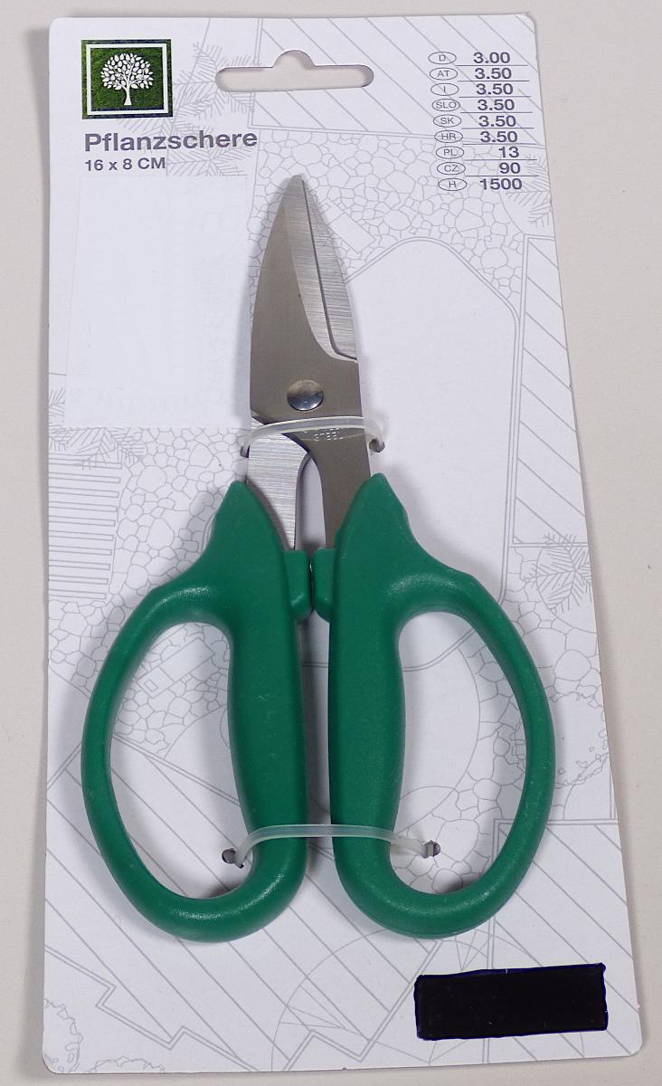 "Pflanzschere" Art.-Nr.: 370390

- mit freiem Arm zu handhabendes Erzeugnis, bestehend aus zwei um einen Stift x-förmig beweglich gelagerten Scherenarmen aus unedlem Metall, mit zwei an den Enden angebrachten, ringartigen Ösen aus Kunststoff, zum Durchstecken von Finger und Daumen

- zum Schneiden von Pflanzen

- auf einem Pappreiter aufgemacht 

(Abbildung siehe Anlage).

Derartige Erzeugnisse gehören als "Scheren mit arbeitendem Teil aus unedlem Metall" zur Codenummer 8213 0000 00 0 des Zolltarifs.