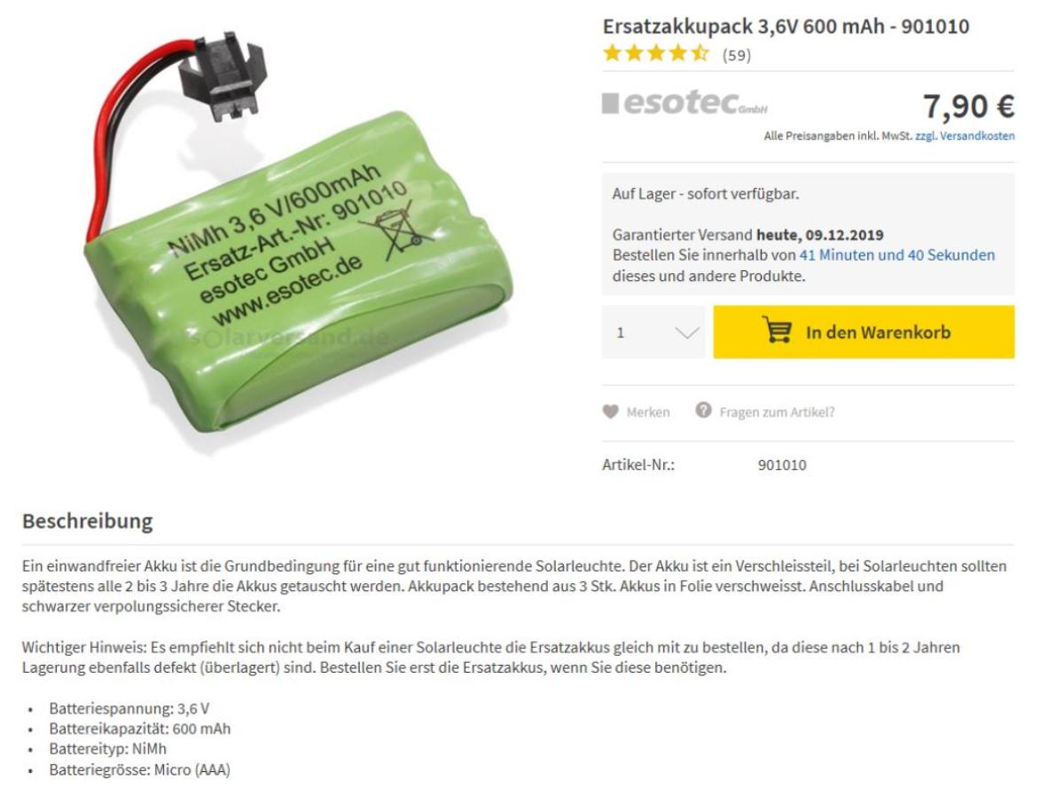 Nickelhydrid-Akkumulator (Abbildung siehe Anlage),
- aus drei Rundzellen-Akkumulatoren (NiMh) in einer Kunststoffummantelung,
  mit zwei fest angeschlossenen Kabeln mit gemeinsamem Anschlussstück,
  für eine Spannung von 3,6 V und mit einer Kapazität von 600 mAh,
- zur Stromversorgung von Solarleuchten.

"Elektrischer Akkumulator, Nickelhydrid-Akkumulator"