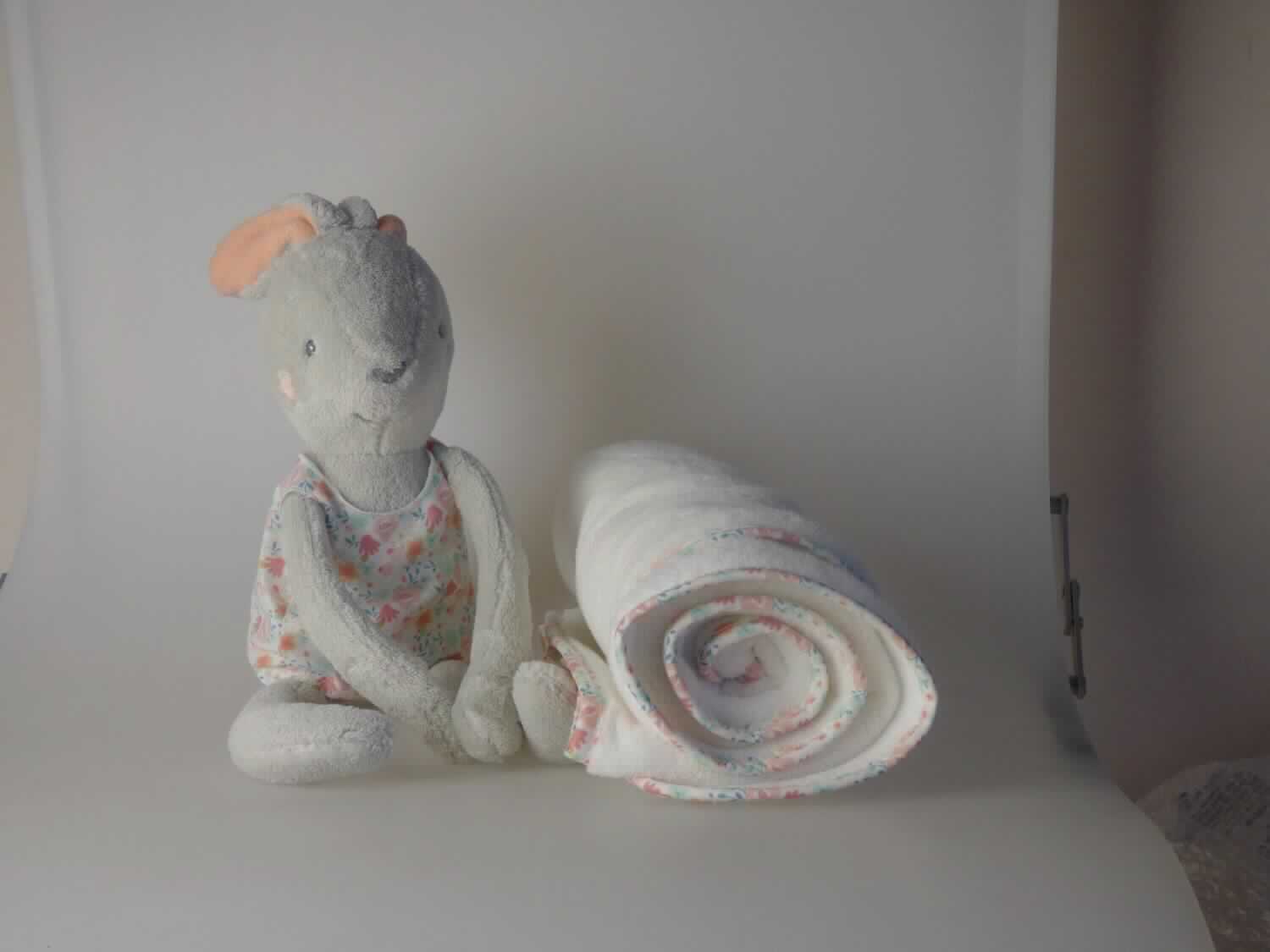 Zweiteilige Zusammenstellung, sog. Kuscheltier Hase mit Babydecke, Art.Nr. 062715, Fotos siehe Anlage,
- bestehend aus einer zusammengerollten Decke und einem Spieltier (in Form eines stilisierten Hasen); 
  gemeinsam in einem Polybeutel verpackt,
- der "Hase" umklammert die zusammengerollte Decke; stellt selbst jedoch keine übliche Verpackung im Sinne der 
  AV 5 b) dar,
- getrennte Einreihung der beiden Bestandteile, da die Waren weder der Befriedigung eines speziellen Bedarfs 
  noch der Ausübung einer bestimmten Tätigkeit dienen; somit keine Warenzusammenstellung im Sinne 
  der AV 3 b),
- Decke:
-- annähernd rechteckig, in den Abmessungen von laut Antrag von ca. (L x B): 100 cm x 75 cm, mit abgerundeten
   Ecken,
-- aus einem einfarbigen Plüschgewirke aus laut Antrag 100 % Polyester (synthetische Chemiefasern),
-- an den Rändern mit einem bedruckten Gewebe eingefasst (somit konfektioniert),
-- ohne elektrische Heizvorrichtung.

"Decke, ohne elektrische Heizvorrichtung, aus synthetischen Chemiefasern, aus Gewirken"