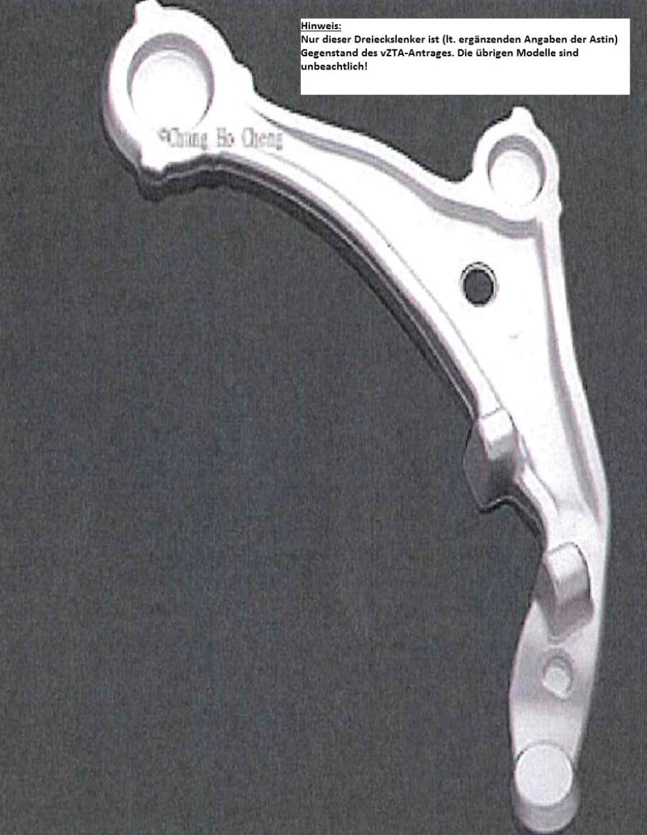 Querlenker, sog. Lenker / Lenkerarm, Foto siehe Anlage; laut Antrag:
- in Form eines spezifisch gefertigten, sichelartigen Dreiecklenkers aus Aluminium,
- unfertig (wird noch spanend bearbeitet) bzw. unvollständig (noch ohne Lager); weist jedoch im
  vorliegenden Zustand bereits die wesentlichen Beschaffenheitsmerkmale der fertigen Ware auf,
- wird in der Radaufhängung von einzelradaufgehängten Personenkraftwagen quer zur Radebene
  verbaut,
- dient als Verbindungselement der Aufnahme von statischen Kräften (Zuladung) und dynamischen 
  Kräften (Antriebs-, Brems- und Seitenkräfte),
- laut Antrag für die industrielle Montage von Kraftfahrzeugen der Position 8703 bestimmt,
- aufgrund der objektiven Merkmale (u. a. Form) und Eigenschaften erkennbar hauptsächlich für Kraft-
  fahrzeuge des Kapitels 87 bestimmt.

"Teil (Querlenker) für Kraftfahrzeuge der Positionen 8701 bis 8705, Aufhängesystem und Teile davon,
für die industrielle Montage von Kraftfahrzeugen der Position 8703, anderes als in den TARIC-Codes
8708 8020 20 und 8708 8020 30 genannte"

"Die Einreihung in die oben angegebene Unterposition des Zolltarifs stehen einfuhrseitig unter dem
Vorbehalt der Vorlage der erforderlichen Bescheinigung."