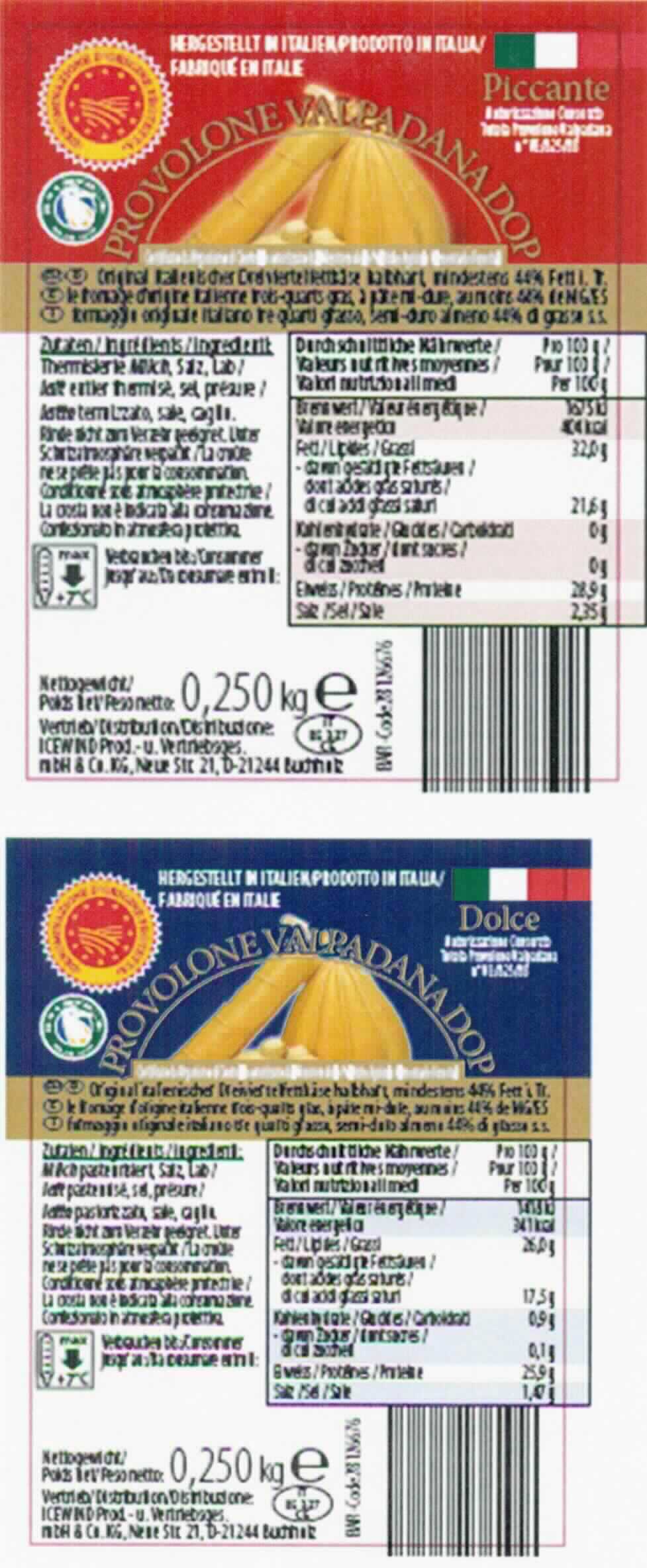 Provolone Piccante

Ein Warenmuster in Original-Umschließung und Angaben zur Zusammensetzung wurden vorgelegt.

Beschaffenheit des vorgelegten Warenmusters:
Verschweißte Kunststofffolie, mehrsprachig bedruckt, mit Angaben zu u. a. Warenbezeichnung (Provolone Piccante), Inhalt (250 g), Mindestfettgehalt in der Trockenmasse (44 %), Zutaten, Vertreiber und Hersteller.
Inhalt: Hellgelber, halbmondförmiger Käse am Stück; Geruch und Geschmack einem handelsüblichen Provolone entsprechend.

Wassergehalt in der fettfreien Trockenmasse*: mehr als 47 bis 72 GHT
* gemäß Antragsangaben

Anderer Käse, keiner der UPos 0406 1020 bis 0406 9050 der KN, mit einem Wassergehalt in der fettfreien Käsemasse von mehr als 47 bis 72 GHT: Provolone.