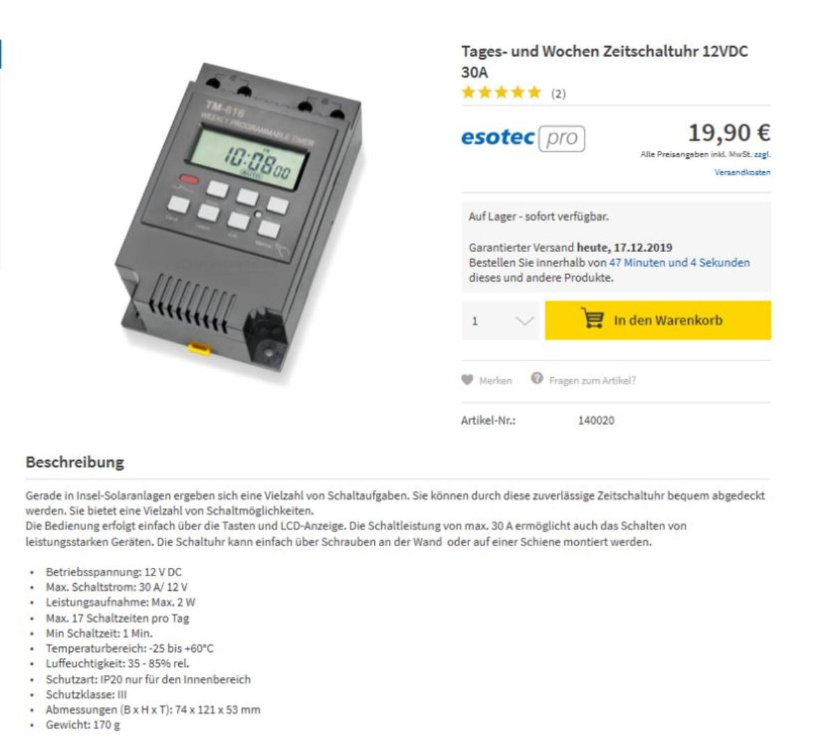 Es handelt sich um eine digitale Zeitschaltuhr, bestehend aus:
- einem ca. 74 x 121 x 53 mm (Breite x Höhe x Tiefe) großen Kunststoffgehäuse mit Uhrwerk,
- sieben Drucktasten und einem Bedienknopf und
- einer LCD-Anzeige auf der Vorderseite zur Anzeige der Uhrzeit.
Das Erzeugnis kann über Schrauben an der Wand oder auf einer Schiene montiert werden.

Die Zeitschaltuhr dient dazu, Stromkreise von an die Uhr angeschlossenen elektrischen Geräten im Innenbereich zu bestimmten Zeiten, die nach einem zuvor aufgestellten Programm festgelegt worden sind, automatisch zu öffnen oder zu schließen. Die Schaltleistung von max. 30 A ermöglicht das Schalten von leistungsstarken Geräten, z.B. in Insel-Solaranlagen.

Die Ware ist als "Zeitschalter mit Uhrwerk, nicht für bestimmte Luftfahrzeuge" einzureihen.