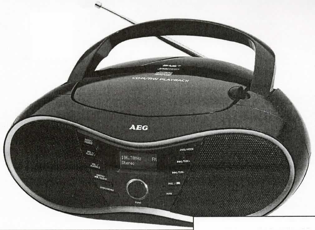 Tragbares Radio mit CD-Spieler
- aus Rundfunkempfangsteil für den digitalen (DAB+) und analogen UKW-Empfang, CD-Spieler
  mit Laserabnehmersystem, Tonfrequenzverstärker, MP3-Decoder, USB-Controller, Uhr mit 
  Weckfunktion und Lautsprechern in einem Gehäuse (Abmessungen: 290 x 125 x 218 mm) mit 
  Bedienelementen, Display, Batteriefach, AUX-IN Anschluss, USB-Schnittstelle, Kopfhöreranschluss, 
  Netzteil und Teleskopantenne, Abbildung s. Anlage,
- zum Rundfunkempfang im digitalen DAB+ und analogen UKW-Bereich, zur Tonwiedergabe von
  Audio CDs verschiedener Formate und von USB-Speichermedien, zur Uhrzeitanzeige einschließlich
  Weckfunktion.

"Rundfunkempfangsgerät kombiniert mit Uhr, das ohne externe Energiequelle betrieben werden kann,
 in einem gemeinsamen Gehäuse mit einem Tonwiedergabegerät, kein Radiokassettengerät im 
 Taschenformat, mit Laserabnehmersystem"