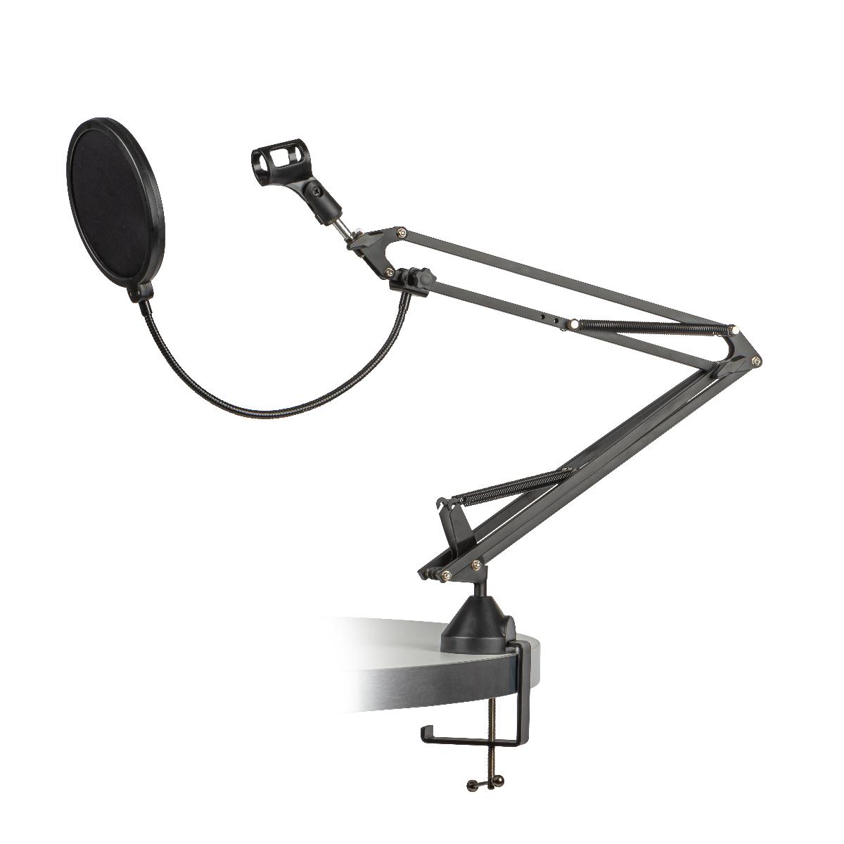 Mikrofonarm (Abbildung s. Anlage)
- aus einem über Gelenke verstellbaren Arm aus Aluminium mit 3/8" und 5/8" Gewindeanschluss,
  Mikrofonklammer und Tischklemme,
- zum Befestigen eines Mikrofons,
- zusammen mit Popfilter, Windschutz, Adapterschraube und Kabelbinder (Beipack) in einer
  gemeinsamen Verkaufsverpackung.
Die Mikrofonhalterung bestimmt den Charakter des Ganzen.

"Haltevorrichtung für Mikrofone in Warenzusammenstellung in Aufmachung für den Einzelverkauf mit nicht charakterbestimmendem Beipack"