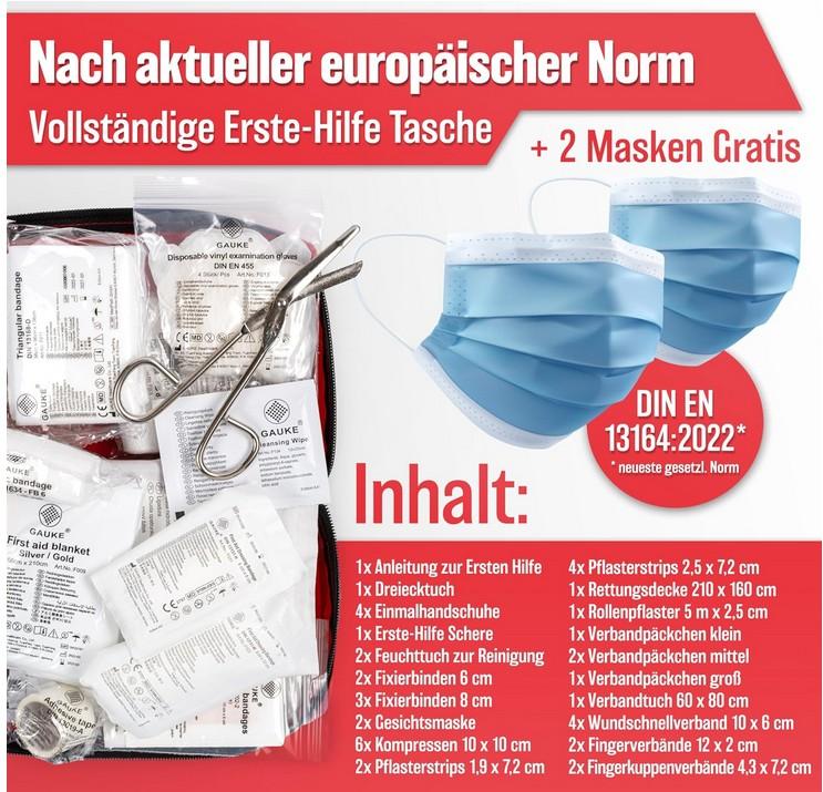 Tasche mit Apothekenaustattung für erste Hilfe; KFZ -Verbandtasche

Bei der Ware handelt es sich um eine rote Tasche (L x B x H 24 cm x 13 cm x 5﻿,﻿5 cm) mit Verbandmaterial nach DIN 13164:2022 und zwei Mundschutzmasken. Die Inhalte der Kfz-Verbandtasche sind wassergeschützt, staubgeschützt und steril verpackt.  Sie liegen in Folienbeuteln verpackt vor.

Es handelt sich um eine Tasche mit Apothekenausstattung für erste Hilfe, die in die Unterposition 3006 5000 der Kombinierten Nomenklatur einzureihen ist.