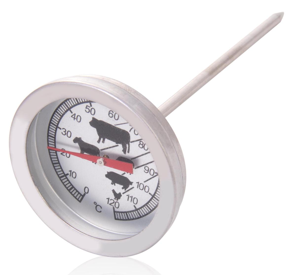 Sog. Bratenthermometer, im Wesentlichen bestehend aus einem scheibenförmigen Gehäuse aus unedlem Metall, das mit einer Messanzeige (Ø 5,5 cm) mit einer Skala von 0 bis 120 °C und einem an der Unterseite befestigten Einstich-Dorn (11 cm) mit einem Messfühler zur Temperaturmessung ausgestattet ist (zur äußeren Form: siehe Abbildung in der Anlage).
Das Thermometer wird mit der Spitze in das Fleisch gesteckt und dient dort zum Messen der Fleischkerntemperatur während des Garvorgangs. Durch die Symbole und Markierungen wird der optimale Gargrad für Rind, Kalb, Lamm, Schwein und Geflügel angezeigt.
Die Ware wird als "Thermometer, nicht mit anderen Instrumenten der Position 9025 kombiniert, nicht unmittelbar ablesbar und flüssigkeitsgefüllt, nicht für zivile Luftfahrzeuge bestimmt" eingereiht.