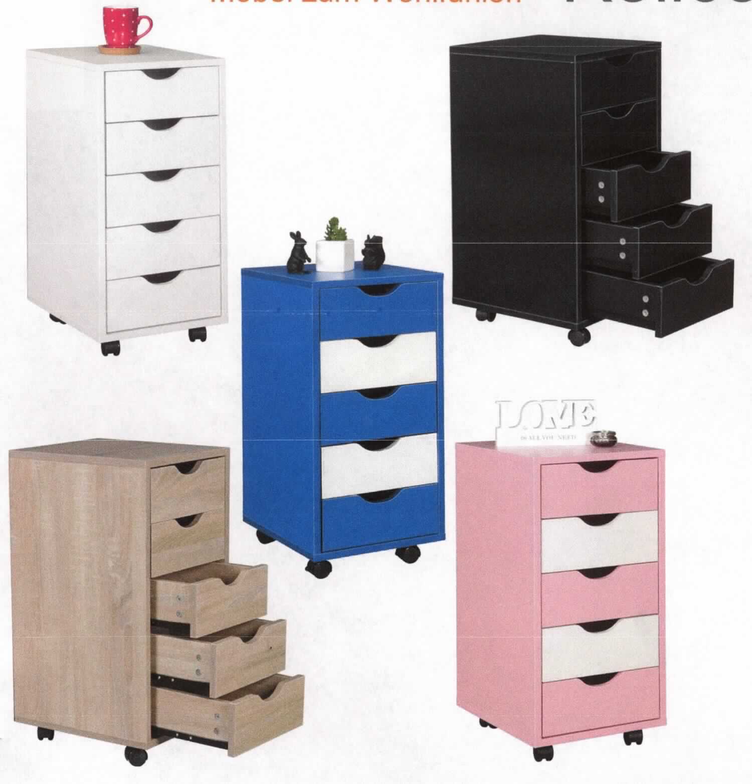 Büromöbel, sog. "Rollcontainer MINA; Art.Nr. WL5.170-74", in Form eines ca. 33 x 68 x 38 cm (B x H x T) großen Möbels aus furnierter Spanplatte, das im Wesentlichen aus einem rechteckigen Korpus mit fünf Schubläden besteht und auf der Unterseite mit vier Rollen versehen ist. 
Das Erzeugnis ist in vier Farbvarianten (weiß, schwarz, blau/weiß, rosa/weiß, sonoma) aufgemacht.

Das Möbel dient der Ausstattung von Büros und wird zu diesem Zweck auf den Boden gestellt. 

Die in einem Karton verpackte und noch nicht zusammengesetzte Ware wird als "anderes als von den Positionen 9401 und 9402 erfasstes Holzmöbel, von der in Büros verwendeten Art, anderes als Schreibtisch, mit einer Höhe von 80 cm oder weniger" eingereiht.