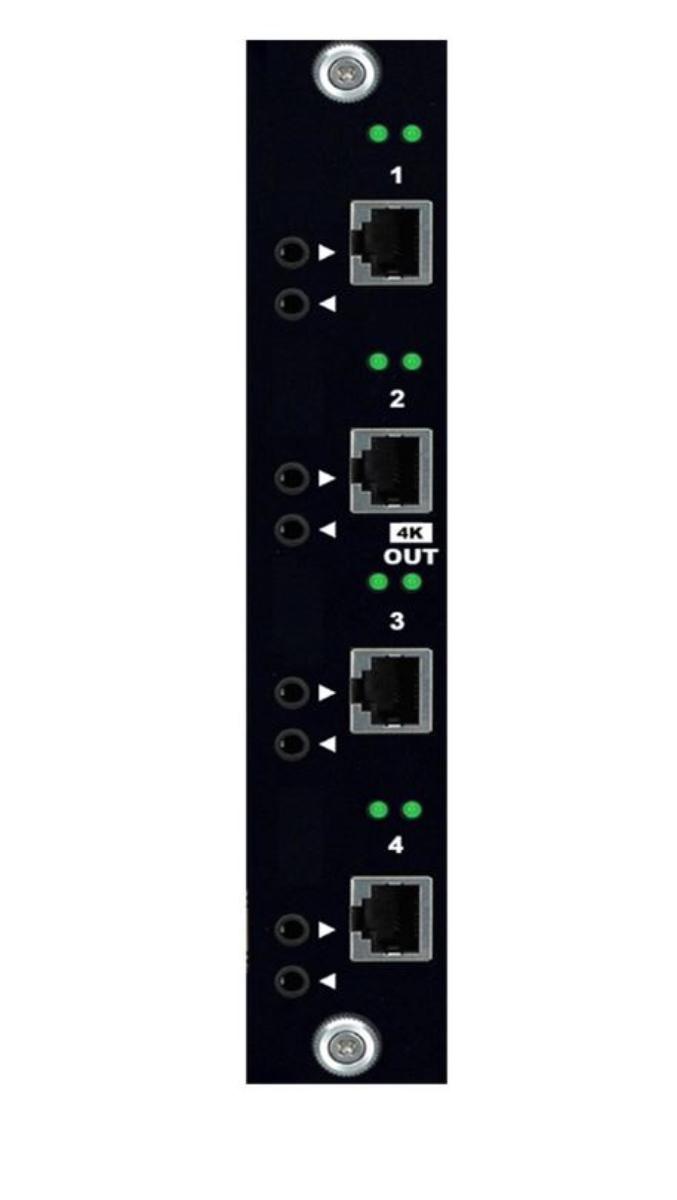 Audio-/Video-Ausgangskarte
- aus einer mit aktiven und passiven Bauelementen bestückten gedruckten Schaltung
  mit einer Frontblende mit jeweils vier RJ-45- und HDMI-Anschlüssen sowie mehreren
  Audio-Anschlüssen auf der einen Seite und einer mehrpoligen Kontaktflächenleiste
  auf der anderen Seite,
- erkennbar ausschließlich zum Einbau in einen Audio-/Video-Matrix-Switcher zur Er-
  weiterung der Anschlussmöglichkeiten auf der Ausgangsseite und zur Reich-
  weitenverlängerung von HDMI-Signalen bestimmt.

"Teil, erkennbar ausschließlich für ein elektrisches Gerät mit eigener Funktion,
 in Kapitel 85 anderweit weder genannt noch inbegriffen, bestimmt - Audio-/Video-
 Ausgangskarte"