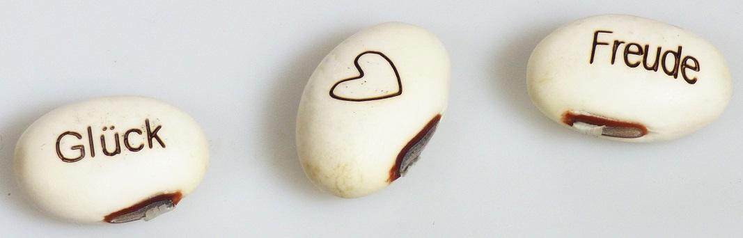 Bohnensamen mit Prägung.

Hellbeigefarbene getrocknete ausgelöste Saatbohnen der Art Canavalia ensiformis (ca. 2 cm x 1,3 cm x 0,8 cm) mit verschiedenen Prägungen ("Freude", "Glück", Abbildung eines Herzens) auf beiden Seiten.

Getrocknete ausgelöste Hülsenfrüchte, Bohnen der Gattung "Canavalia", zur Aussaat.