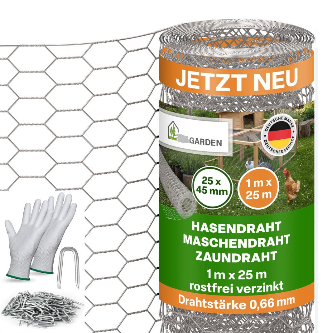 Es handelt sich um Geflechte aus verzinktem Stahldraht (Querschnittsabmessung: 0﻿,﻿66 mm). Der Draht ist an den Kreuzungspunkten so miteinander verflochten, dass sich sechseckige Waben ergeben. Die Erzeugnisse liegen in Rollen vor (Abmessungen: 25 m x 1 m) und werden zum Beispiel als Umzäunungen oder zum Bau von Kleintiergehegen oder Volieren verwendet. Sie sind gemeinsam mit 100 Krampen aus verzinktem Stahl und einem Paar Handschuhe in einem Karton verpackt.
- Antragstellerangaben - 

Abbildung siehe Anlage. 

Derartige Erzeugnisse gehören als "andere Geflechte aus Eisendraht, verzinkt" zum TARIC-Code 7314 41 00 00.