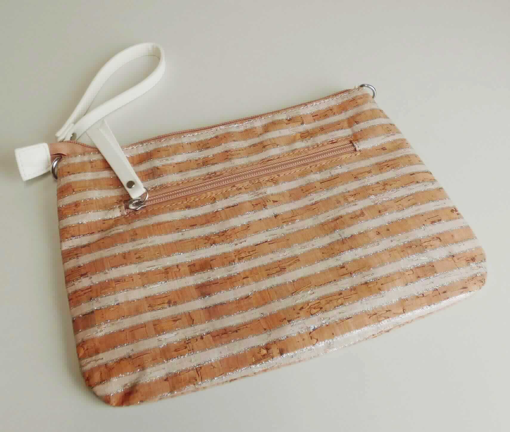 Handtasche, sog. Handtasche Kork mit Tragegriff, Foto siehe Anlage,
- laut Untersuchungsergebnis aus Gewebe in Leinwandbindung, das vollständig mit Klebstoff bestrichen
  und flächendeckend mit Kork (Außenseite) bedeckt ist (Gewebe der Position 5907); zum Teil mit heller
  Farbe versehen und mit kleinen metallfarbenen Kunststoff-Partikeln beklebt,
- mit einer Handtrageschlaufe,
- vorn mit einem eingesetzten Reißverschlussfach,
- mit einem Hauptfach; mit einem am oberen Rand verlaufenden Reißverschluss zu verschließen,
- - mit zwei aufgesetzten, offenen Einsteckfächern und einem eingesetzten Reißverschlussfach,
- - gefüttert,
- in den Abmessungen: 26,5 cm (Breite) x 19 cm (Höhe) x 1,5 cm (Tiefe),
- aufgrund der Form, der Größe und des Gesamteindrucks in erster Linie dazu geeignet, kleinere persönliche
  Gegenstände aufzunehmen.

"Handtasche, mit einer anderen Außenseite als in den Unterpositionen 4202 2100 bis 4202 2290 genannte"