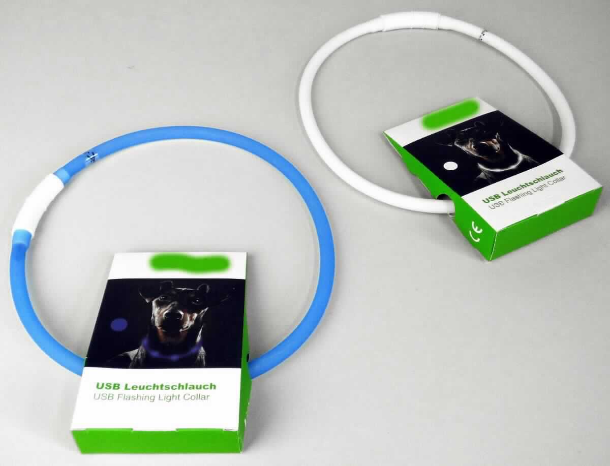 USB Leuchtschlauch für Hunde
- aus einem elektrischen Sichtsignalgerät mit 12 blau- bzw. weiß-leuchtenden LEDs, Akkumulator, 
  Druckschalter und USB-Anschluss zum Aufladen des Akkumulators, eingebaut in einen
  blauen bzw. weißen, lichtdurchlässigen, flexiblen und individuell kürzbaren Kunststoffschlauch 
  (Material: Silikon, Länge: ca. 65 cm, Durchmesser: ca. 1 cm),
- gleichermaßen zum Ausstatten von z. B. Hunden in Form eines Halsbandes und zum Abgeben
  von Signalen in Form von Dauerlicht oder Blinklicht in zwei Geschwindigkeiten, um in der 
  Dunkelheit besser erkannt zu werden,
- zusammen mit Beipack (USB-Ladekabel und Bedienungsanleitung) in einer gemeinsamen 
  Verkaufsumschließung zur Abgabe an den Endverwender.
(Abbildung siehe Anlage)

Das Leuchthalsband bestimmt bezüglich der Bedeutung für die Verwendung den Charakter der Warenzusammenstellung.

"Elektrisches Sichtsignalgerät, kein Gerät der Positionen 8512 oder 8530, keine Ware der Unter-
 positionen (HS) 8531 10 und 8531 20, kein Läutwerk, Summer, Türklingel oder Ähnliches 
 (gleichermaßen als Sattlerware und Sichtsignalgerät verwendbar) - Leuchthalsband, in Waren-
 zusammenstellung in Aufmachung für den Einzelverkauf mit nicht charakterbestimmendem Beipack"