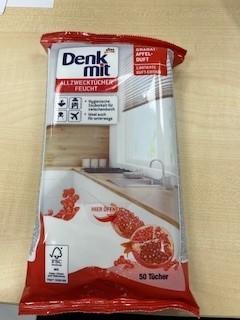 Angaben:
Feuchte Allzwecktücher;  zur Reinigung von nahezu allen glatten Oberflächen im ganzen Haus; 50 weiße Tücher pro Packung.

Warenbeschaffenheit:
Weiße, leicht nach Zitrone duftende Tücher (in den Maßen ca. 20 cm x 16 cm), getränkt mit tensidhaltiger Reinigungsflüssigkeit; jeweils 50 Stück in einem wiederverschließbaren, bedruckten Kunststoffbeutel verpackt.

Befund:
Vliesstoffe mit Reinigungsmitteln getränkt, andere als zur Körperpflege.
