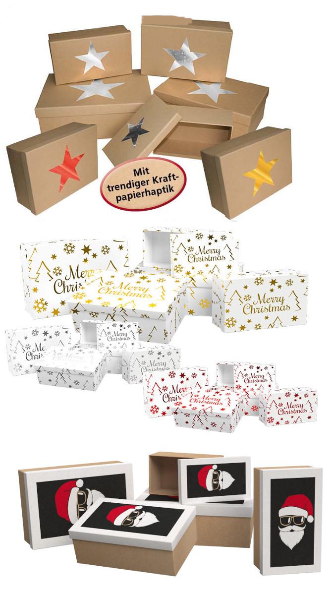 Es handelt sich um Sets aus formstabilen Stülpdeckelschachteln aus Pappe mit rechteckiger Grundfläche und in unterschiedlichen Abmessungen. Die Außen- und Innenseiten sind jeweils mit Papier beklebt, das bunt bedruckt oder mit sog. Hotfoil-Applikationen verziert ist.
- Antragstellerangaben - 

Abbildungen siehe Anlage.

Derartige Waren gehören als "andere Verpackungsmittel aus Papier oder Pappe" zum TARIC-Code 4819 50 00 00.
