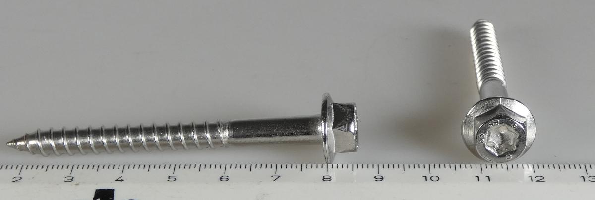 Es handelt sich um aus nicht rostendem Stahl gefertigte Schrauben mit Kopf mit Außensechskant und Bund sowie mit einem nicht bis zum Kopf reichenden Holzschraubengewinde. Das Gewindeende ist zu einer Spitze ausgearbeitet. Der Kern der Schraube verjüngt sich zur Spitze hin leicht.
Gesamtlänge x Durchmesser: etwa 65 x 6 mm.
- Antragstellerangaben -

Abbildung siehe Anlage.

Derartige Erzeugnisse gehören als "andere Holzschrauben aus nicht rostendem Stahl" zum TARIC-Code 7318 1210 90.