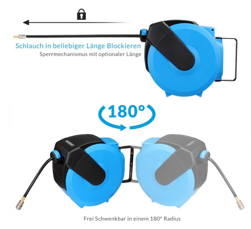 Angaben des Antragstellers:
Druckluftschlauch-Aufroller mit 1/4" Schnellkupplung (20 m bzw. 30 m).
Technische Daten:
Länge Anschluss-Schlauch: 2 m
Material: Schlauch: PVC mit Polyesterverstärkung
                   Gehäuse: Polypropylen
Arbeitsdruck: 18 bar
max. Druck: 24 bar

Lieferumfang:
1 x Automatik Schlauchtrommel
1 x 20 m Druckluftschlauch bzw. 30 m Druckluftschlauch
1 x Wandhalterung (abnehmbar)
Bedienungsanleitung
1 x Schlauchkupplung
1 x Stecknippel
1 x Schlauchbremse
3 x Schrauben & Dübel

Ein Warenmuster wurde nicht vorgelegt. Die Ware stellt sich auf einem Warenfoto als schwarzer Schlauch mit Anschlussstücken dar, der in einem schwarz-blauen Kunststoffgehäuse mit Wandhalterung aufgerollt ist.

Befund:
Anderer, verstärkter Kunststoffschlauch mit Verbindungsstücken.
