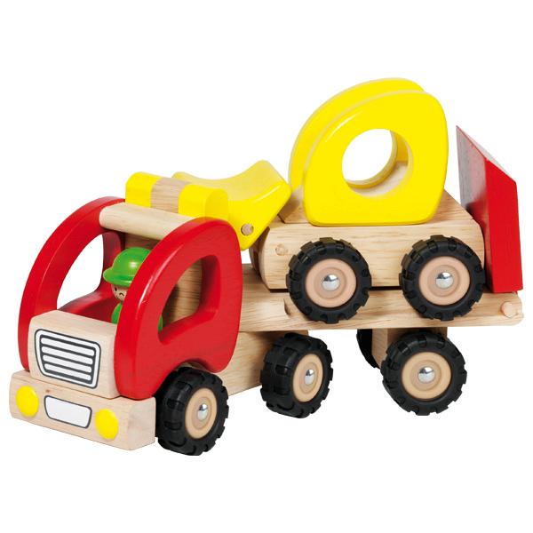 Spielzeug in Zusammenstellung, sog. "Art. 55963 - Tieflader mit Radlader" bestehend aus:
- einer Zugmaschine,
-- überwiegend aus Holz hergestellt, mit Achsen aus unedlem Metall und vier Rädern aus
   Kunststoff und Kautschuk,
-- in den Abmessungen von ca. 15,5 cm (L) x 9,5 cm (B) x 12,0 cm (H),
-- mit einer Figur aus Holz als Fahrer, fest mit dem Fahrzeug verbunden, mit aufgemaltem Gesicht,
    aufgemalter grüner Kleidung und grünem Helm,
-- mit einem stilisierten Warnlicht auf der Oberseite,
-- auf der Vorderseite mit einem Kühlergrill und einem Kennzeichenfeld bedruckt,
-- hinter dem Führerhaus mit einem ca. 2,3 cm hohen Holzstab zur Befestigung eines Aufliegers,
- einem Auflieger,
-- überwiegend aus Holz hergestellt, mit einer Hinterachse aus unedlem Metall und zwei Rädern
     aus Kunststoff und Kautschuk,
-- in den Abmessungen von ca. 16,0 cm (L) x 9,5 cm (B) x 13,0 cm (H),
-- vorne mit einem ca. 1,3 cm durchmessenden Loch zum einfachen Befestigen an einer 
     Zugmaschine und am Ende mit einer ca. 7 cm hohen Klappe zum Be- und Entladen,
- einem Radlader,
-- überwiegend aus Holz hergestellt, mit zwei Achsen aus unedlem Metall und vier Rädern aus
   Kunststoff und Kautschuk,
-- in den Abmessungen von ca. 15,5 cm (L) x 9,5 cm (B) x 11,0 cm (H),
-- vorne mit einer stilisierten, beweglichen Schaufel ausgestattet,
- die Bestandteile der Zusammenstellung sind einzeln und unabhängig voneinander bespielbar
  und dienen der spielerischen Unterhaltung von Kindern und Erwachsenen,
- gemeinsam in einem bunt bedruckten Karton für den Einzelverkauf aufgemacht.

Das Set wird zolltarifrechtlich als "Spielzeug, aufgemacht in einer Zusammenstellung" eingereiht.