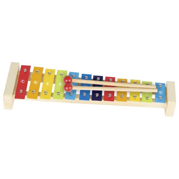 Bei der als "Xylophon mit zwei Klöppeln aus Holz, Art.-Nr. 61907" bezeichneten Ware handelt es sich um ein Metallophon (sog. Glockenspiel) mit zwei Klöppeln aus Holz. 

Die Ware mit den Abmessungen von ca. 37,5 cm x 10,5 cm x 4,5 cm (L x B x T) besteht aus einem Rahmen aus Holz und 12 darauf mit Nägeln befestigten und mit Unterlegscheiben bzw. Streifen aus Filz unterlegten, unterschiedlich gestimmten und verschiedenfarbigen gestalteten Metallplättchen mit Tonbezeichnungen. Durch das Anschlagen der Metallplättchen mit den Klöppeln werden diese zum Schwingen gebracht und die Töne erzeugt.

Die in einem farbigen Pappkarton verpackte Ware ist als "Schlaginstrument" einzureihen.