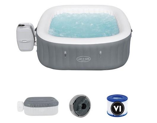 Sog. Whirlpool Lay Z-Spa Madeira, in Form einer Warenzusammenstellung in Aufmachung für den Einzelverkauf, bestehend aus einem im Hinblick auf die Bedeutung für die Verwendung charakterbestimmenden Whirlpool, einer 2-teiligen isolierenden Thermo-Abdeckung, einem Chemikaliendosierer, Filterkartuschen und selbstklebenden Reparaturflicken. 
Der Whirlpool in Form einer funktionellen Einheit aus einem ca. 180 x 180 x 66 cm großen, aufblasbaren Pool aus Kunststoff mit 140 AirJet Düsen und einem Pumpaggregat mit integrierter Heizung, Steuerung und Touch-Display ist mit einem Filtersystem und einer Funktion für automatisches Heizen ab 6°C Wassertemperatur ausgestattet. Zur äußeren Form siehe Abbildung in der Anlage.
Der Whirlpool wird mit Wasser befüllt und dient der durch den Luftdruck und die Wasserbewegung bewirkten mechanischen Massage des Benutzers. 
Die Bestandteile der Warenzusammenstellung sind gemeinsam miteinander verpackt.

Die Ware wird als "Massagegerät, kein elektrisches Vibrationsmassagegerät" eingereiht.