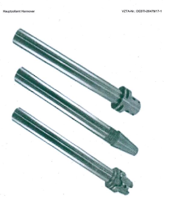 Sog. Prüfdorn für Maschinenspindel
- in Form eines zylindrischen Dorns aus unedlem Metall, einseitig mit einer
  spezifischen Maschinenspindelanbindung (Abbildung siehe Anlage),
- zum Einsatz in die Maschinenspindel einer Drehmaschine zur Ausrichtung und
  Rundlaufprüfung der Spindel (Messgerät nicht Gegenstand der Tarifauskunft),
- erhältlich in verschiedenen Ausführungen mit unterschiedlicher Maschinen-
  spindelanbindung (z. B. mit Anbindung HSK und SK), Dornlänge und -durchmesser.

"Spezialvorrichtung für Werkzeugmaschinen - sog. Prüfdorn für Maschinenspindel"