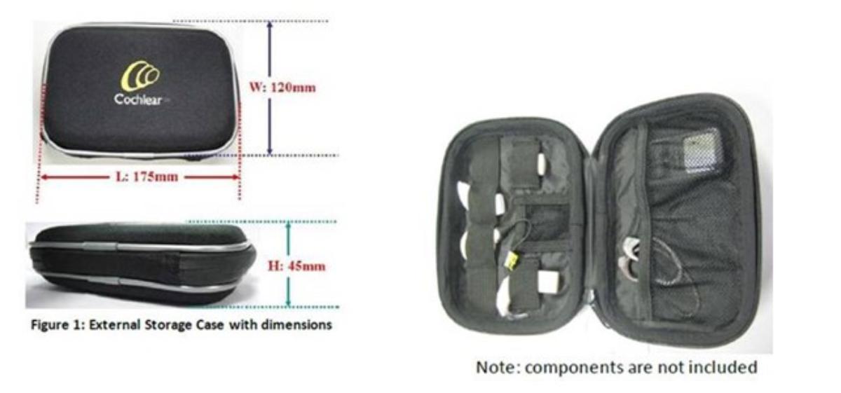 Etui für ein Hörgerät, sog. Aufbewahrungskoffer für das Cochlea-Soundprozessorsystem,
Foto siehe Anlage,
- mit einer Außenseite aus Spinnstoffen,
- aufklappbar; mit einem dreiseitig umlaufenden Reißverschluss,
- innen mit drei netzartigen Einsteckfächern und sechs elastischen Schlaufen ausgestattet,
- in den Abmessungen: ca. 19 cm (Breite) x 13 cm (Höhe) x 5 cm (Tiefe),
- zur Aufnahme und zum Transport eines Hörgeräts mit Zubehör bestimmt,
- ohne Hinweise auf Handarbeit.

"Ähnliches Behältnis (Hörgeräte-Etui), Taschen- oder Handtaschenartikel, mit Außenseite
 aus Spinnstoffen, nicht handgearbeitet"