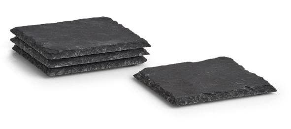 Angaben:
Glasuntersetzer-Set, 4-tlg; Größe: ca.10 x 10 x 0,5 cm; Materialart: Schiefer; mit 4 Schaumgummifüßen; in Einzelverkaufsaufmachung.

Befund:
Waren aus Tonschiefer oder aus Pressschiefer.