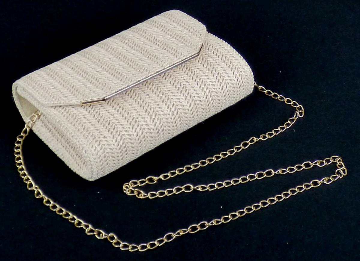 Handtasche, sog. Clutch, Foto siehe Anlage,
- mit einer Außenseite aus Spinnstoffen,
- - aus Gewirken aus synthetischen Monofilen und gedrehten, fibrillierten Streifen aus
    synthetischer Spinnmasse mit einer Breite von weniger als 5 mm der Position 5404,
- mit einem abnehmbaren Schultertrageriemen in Form einer Gliederkette aus unedlem Metall,
- mit einer Überschlagklappe mit magnetischem Druckknopfverschluss,
- - gefüttert; innen mit einem offenen Einsteckfach ausgestattet,
- mit den Abmessungen: ca. 21 cm (Breite) x 15 cm (Höhe) x 5 cm (Tiefe),
- ohne Hinweise auf Handarbeit,
- Handtasche, da aufgrund der Größe und des Gesamteindrucks in erster Linie dazu geeignet,
  kleinere, persönliche Gegenstände aufzunehmen.

"Handtasche, mit Außenseite aus Spinnstoffen, nicht handgearbeitet"
