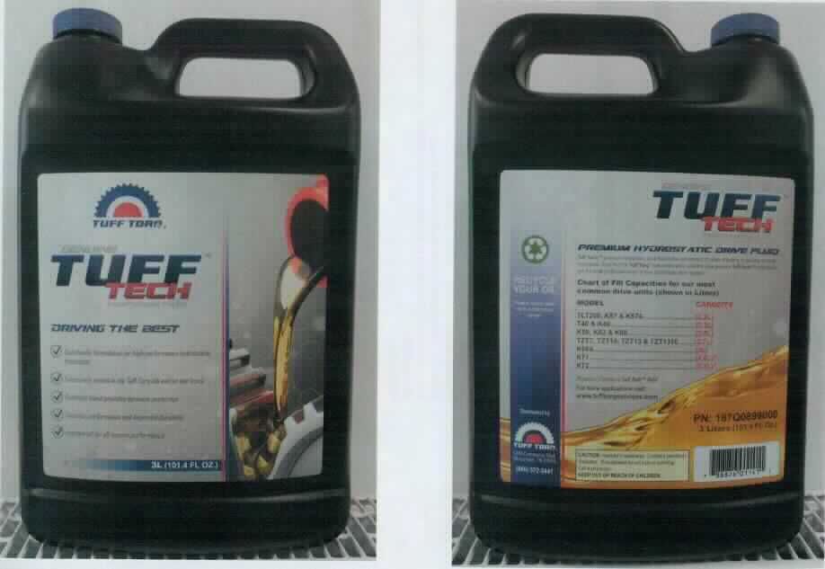 Angaben:
Tuff Tech Premium Hydrostatic Drive Fluid, vollsynthetisches Getriebeöl für die Verwendung in hydrostatischen Getrieben von Gartengeräten (Rasentraktoren, Rasenmähern usw.).

Befund:
Zubereitetes Schmiermittel, kein Erdöl oder Öl aus bituminösen Mineralien enthaltend.