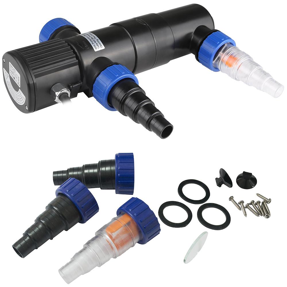 Wasserklärer (Abbildung siehe Anlage),
- aus einer 11 W UVC-Lampe in einem länglichen Gehäuse mit linearer Wasserführung,
  mit Wassereinlass- und Wasserauslassöffnungen und Stromanschlusskabel,
- zur photochemischen Reinigung von Wasser durch die Bestrahlung mit UVC-Licht
  bei einer maximalen Durchflussmenge von 1700 Liter pro Stunde,
- zusammen mit Beipack (3 Anschlussadapter, Dichtungen, Sichtglas, Montagemateria)
  in einer gemeinsamen Verkaufsumschließung.
Der Wasserklärer bestimmt den Charakter des Ganzen.

"Apparat zum Filtrieren oder Reinigen von Flüssigkeiten, zum Filtrieren oder Reinigen
 von Wasser, keine Ware der TARIC-Codes 8421 2100 10 und 8421 2100 20,  in
 Warenzusammenstellung in Aufmachung für den Einzelverkauf mit nicht charakter-
 bestimmendem Beipack"