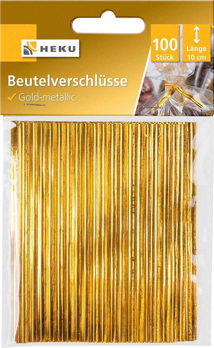 Es handelt sich um Beutelverschlüsse, bestehend aus einem Draht aus unedlem Metall, der über die gesamte Länge von etwa 10 cm zwischen zwei etwa 4 mm breiten Streifen aus goldfarbener Kunststofffolie eingebettet ist. 100 Verschlüsse sind in einem Polybeutel mit Pappaufhänger verpackt.

In Bezug auf die Bedeutung für die Verwendung ist der Draht aus unedlem Metall charakterbestimmend. Damit ist eine Einreihung der Waren in das Kapitel 39 ausgeschlossen.

Abbildung siehe Anlage.

Derartige Erzeugnisse gehören als "anderes Verpackungszubehör aus unedlen Metallen" zum TARIC-Code 8309 9090 90.