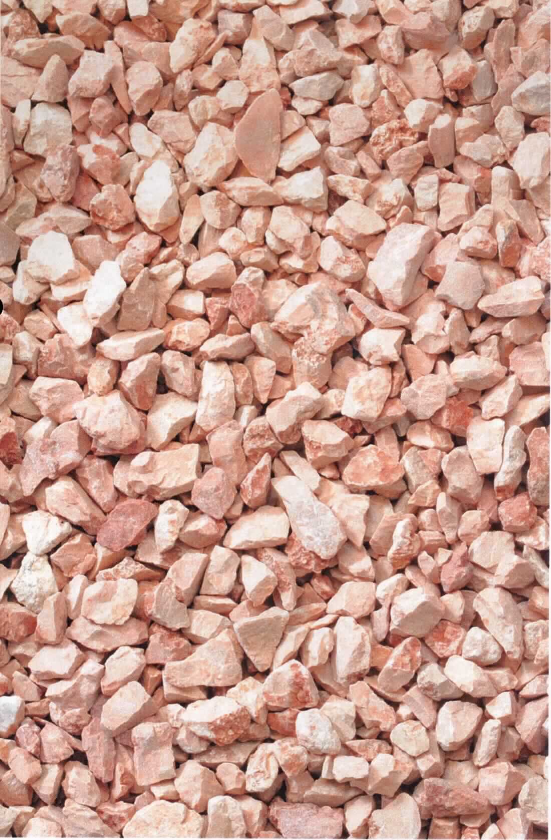 Angaben:
Splitt ROSSO VERONA
Bearbeitung: gebrochen
Farbe: terracotta-orange
Material: Kalkstein
Herkunft: Italien 
Größe: 9-12 mm, 25 kg / Sack

Befund:
Körnungen von Steinen der Position 2515 oder 2516