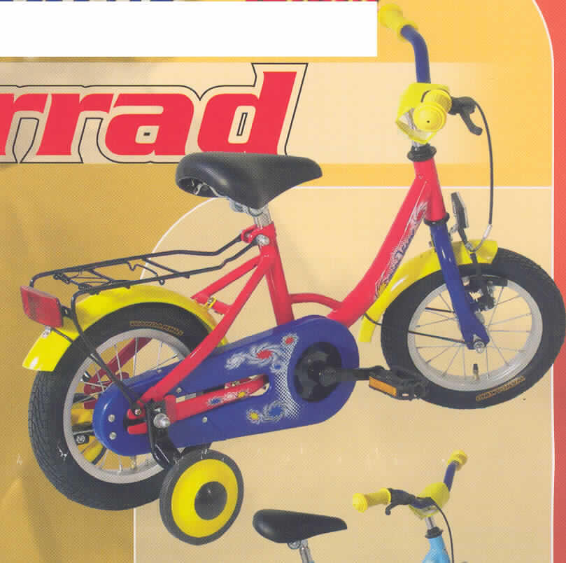 Zweirad mit Kugellagern versehen, ohne Motor, in Form eines Kinderfahrrades, so genanntes "12" Kinderfahrrad".

Das Fahrzeug besteht im Wesentlichen aus einem so genannten "Wave-Rahmen" mit einer Antriebseinheit mit Pedalen und Kettenschutz, Sattel, Vorder- und Hinterbremse, Reflektoren, einer Lenkeinheit, sowie einer 12-Zoll-Luftbereifung. Es ist mit Stützrädern ausgerüstet.

Bild der Ware im Internet unter http://europa.eu.int/comm/taxation_customs/dds/de/ebticau.htm