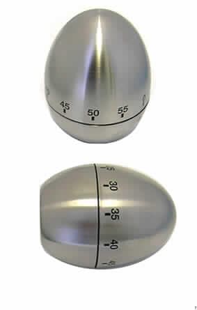 Kurzzeitmesser (Minutenzähler) mit mechanischem Läutwerk, sog. Eieruhr (Artikel-Nr. 27245), ca. 75 mm hoch, in einem eiförmigen, zweigeteilten Edelstahlgehäuse. Der obere Teil, auf dem sich die Zeitmesseinteilung von 0 bis 55 (in Zahlen und Stricheinteilung) befindet, dient zum Aufziehen des Zeitmessers. Das aufgezogene Messwerk beginnt von der eingestellten Zeit an rückwärts bis 0 zu laufen und löst dann ein Klingelzeichen aus.

Die Ware ist in einem durchsichtigen Kunststoffkarton verpackt.