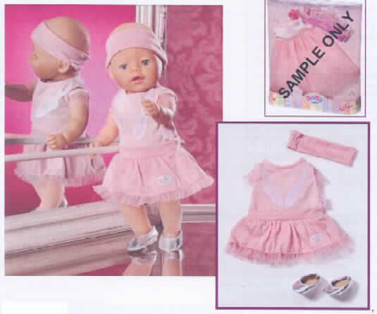Puppenzubehör, erkennbar hauptsächlich für Puppen, nur Nachbildungen von Menschen darstellend, sog. Baby born® Dance Classic Set, Artikel Nr. 805336.
Es handelt sich um Puppenkleidung, aufgrund der Größe und Aufmachung hauptsächlich für Puppen der Serie Baby born® bestimmt. Sie besteht aus einem rosafarbenen Kleid mit enganliegendem, kurzärmeligen Oberteil und weitschwingendem Rockteil mit Rüschenabschluss, einem rosafarbenen Stirnband und silberfarbenen, flachen Schuhen.
Das Set dient der spielerischen Unterhaltung von Kindern und ist in einer bunt bedruckten Showbox aufgemacht.
Ein Bild der Ware ist im Internet unter http://europa.eu.int/comm/taxation_customs/dds/de/ebticau.htm zu finden.