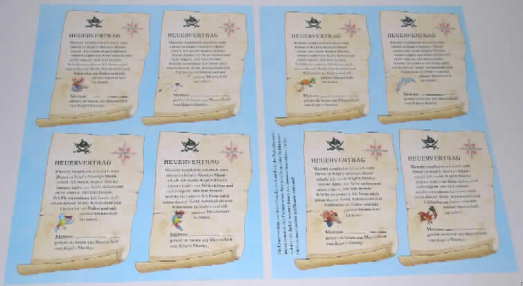 Durch Text charakterisierte, zum Lesen bestimmte Druckerzeugnisse, in losen Blättern, sog. "Heuerverträge" aus dem Set "Käpt'n Sharky's Piratenparty".

Es handelt sich um zwei ca. 29 x 21,5 cm große, einseitig mit Text, Illustrationen und Linien versehene Blätter aus Papier. Jedes Blatt enthält vier Vertragstexte, die antiken Urkunden nachempfunden und gemäß der auf dem einen Bogen abgedruckten Anleitung auszuschneiden, handschriftlich mit dem Namen eines Partygastes zu versehen sowie am Ende der Feier zu verteilen sind.

Die beiden Blätter sind mit diversen anderen Waren, die nicht Gegenstand dieser vZTA sind, in einem bunt bedruckten Karton mit Sichtfenster verpackt.

Ein Bild der Ware befindet sich im Internet unter:
http://europa.eu.int/comm/taxation_customs/dds/de/ebticau.htm.
