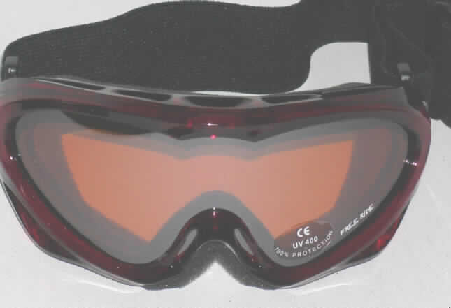 Sonnenbrille, andere als mit optisch bearbeiteten Gläsern, mit Brillengläsern aus Kunststoff, in Form einer Schutzbrille, sog. Skibrille für Kinder "Free Ride".
Die Skibrille besteht aus einem Kunststoffgestell mit einer durchgehenden, gewölbten, kratzfesten und verspiegelten Doppel-Scheibe aus Kunststoff. Mit Hilfe des verstellbaren, elastischen Kunststoffgurtes wird die Brille am Kopf bzw. Helm befestigt. Der Rahmen ist mit einem Belüftungssystem ausgestattet und innen mit Schaumstoff gepolstert.
Die Sonnenbrille blockiert alle Wellenlängen unterhalb 400nm (UV-A, -B, -C). Sie schützt die Augen zusätzlich vor Kälte, Wind, Staub und leichten Einschlägen.
Die Ware ist in einem bedruckten Pappkarton mit Sichtfenster aus Kunststofffolie verpackt.

Ein Bild der Ware befindet sich im Internet unter http://europa.eu.int/comm/taxation_customs/dds/de/ebticau.htm.