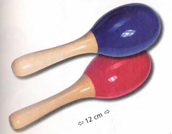 Schlaginstrument (Mini-Maracas), 
Set aus zwei hohlen, ovalen, länglichen, rot und blau lackierten Holzkugeln mit Griffen (Länge 12 cm, Durchmessser 35 mm), innen mit kleineren Gegenständen (Samenkörner, Kiesel o.ä.) befüllt, die beim Schütteln einen Ton erzeugen. Aufgrund der Beschaffenheit kennzeichnen sich die in einem Kunststoffbeutel mit Pappheader verpackten Erzeugnisse als Musikinstrument.