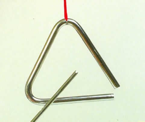 Schlaginstrument (Triangel), 
aus einem zu einem gleichseitigen Dreieck gebogenen Stahlstab mit textilem Halteband (Kantenlänge 10 cm), der durch Anschlagen mit einem beigefügten Eisenstab zum Schwingen gebracht wird. Aufgrund der Beschaffenheit kennzeichnet sich das in einem bedruckten Pappumschlag verpackte Erzeugnis als Musikinstrument.