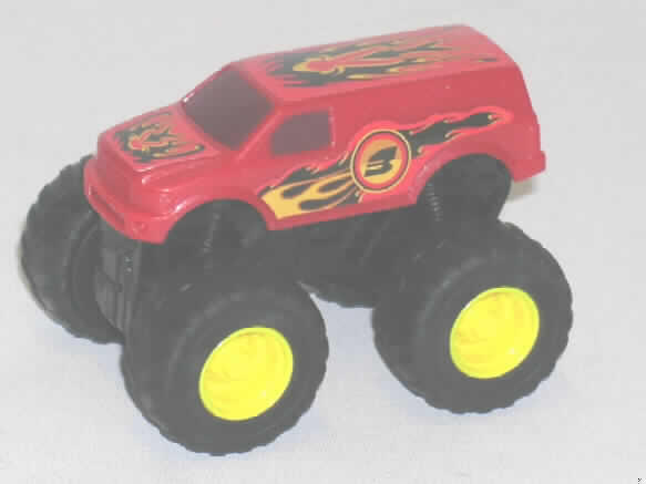 Anderes als zuvor von der Position 9503 erfasstes Modell, in Form eines Fahrzeugs, aus Kunststoff, sog. S U V aus der Aktion "Mc Donald´s - Pucca / Monster Trucks 2008".
Es handelt sich um das ca. 8,5 cm x 6 cm x 6,5 cm (LxBxH) große Modell eines Monstertrucks. Er besteht aus einem S U V (Sport Utility Vehicle) aus rotem Kunststoff mit rot-schwarz-gelben Aufklebern auf Dach, Vorderhaube und Seitentüren der auf einem schwarzen Fahrzeugunterbau mit zwei beweglichen Achsen und vier ca. 32 mm x 18 mm (Durchmesser x Breite) großen, beweglichen Rädern aufgebaut ist. 
Das Fahrzeugmodell ist zusammen mit einem Beipackzettel in einem Polyethylenbeutel für den Einzelverkauf aufgemacht und dient Kindern zum Spielen.
Ein Bild der Ware ist im Internet unter http://europa.eu.int/comm/taxation_customs/dds/de/ebticau.htm zu finden.