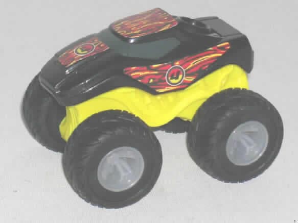 Anderes als zuvor von der Position 9503 erfasstes Modell, in Form eines Fahrzeugs, aus Kunststoff, sog. Futuristic aus der Aktion "Mc Donald´s - Pucca / Monster Trucks 2008".
Es handelt sich um das ca. 8,5 cm x 6 cm x 6,5 cm (LxBxH) große Modell eines Monstertrucks. Er besteht aus einem PKW aus schwarzem Kunststoff mit rotgelben Aufklebern auf Dach, Vorderhaube und Seitentüren der auf einem gelbfarbenen Fahrzeugunterbau mit zwei beweglichen Achsen und vier ca. 32 mm x 18 mm (Durchmesser x Breite) großen, beweglichen Rädern aufgebaut ist. 
Das Fahrzeugmodell ist zusammen mit einem Beipackzettel in einem Polyethylenbeutel für den Einzelverkauf aufgemacht und dient Kindern zum Spielen.
Ein Bild der Ware ist im Internet unter http://europa.eu.int/comm/taxation_customs/dds/de/ebticau.htm zu finden.