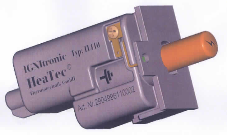 Batteriebetriebener Anzünder für Gaskühlschränke, sog. elektronische Funkenzündung, im Wesentlichen bestehend aus einem Kunststoffgehäuse mit Hochspannungsteil (Zündspannung 16 kV, Zündfrequenz Bereich 2 - 10 Hz), Batteriefach (Spannungsversorgung 1,5 VDC) und entsprechenden elektrischen Anschlüssen.
Der Anzünder dient zur Funkenzündung für Gasbrenner und ersetzt Piezozünder mit gleichen Anschlüssen und Abmessungen.

Abbildung siehe Internet