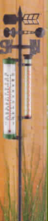 Thermometer, nicht mit anderen Instrumenten kombiniert, unmittelbar ablesbar, flüssigkeitsgefüllt, kein Fieberthermometer, nicht für zivile Luftfahrzeuge bestimmt, sog. "Gartenthermometer", in Form einer noch nicht zusammengesetzten, kombinierten Maschine.
Das Gartenthermometer besteht im Wesentlichen aus einem Erdspieß aus Metall, an dem
- ein zylinderförmiges Thermometer in einem durchsichtigen Kunststoffgehäuse mit einem Durchmesser von 6 cm und einer Länge von 38 cm mit einem Messbereich von -40°C bis +50 °C (Hauptfunktion),
- ein 31 cm langer, mit einer trichterförmigen Öffnung versehener Regenmengenmesser  aus Kunststoff mit einer Maßeinteilung von 10mm bis 100 mm,
- eine Himmelsrichtungsanzeige aus schwarzem Kunststoff und 
- eine Windfahne befestigt sind.
Das Thermometer findet im Außenbereich Verwendung.
Ein Bild der Ware befindet sich im Internet unter http://europa.eu.int/comm/taxation_customs/dds/de/ebticau.htm.