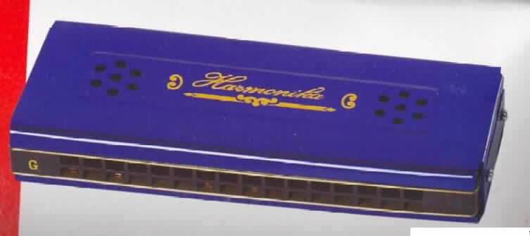 Blasinstrument in Form einer Mundharmonika, Länge 130 mm, bestehend aus einem Kanzellenkörper aus Stahlblech, mit zwei Reihen von jeweils 16 Blasöffnungen (Kanzellen) für 16 Töne. Die Mundharmonika, die beidseitig bespielbar ist, ist in einer bedruckten Pappschachtel verpackt.