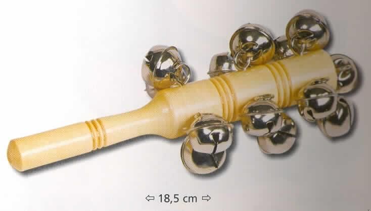 Schlaginstrument, sog. Schellenrassel (Artikel-Nr. 15280), bestehend aus einem runden, gedrechselten Holzstab (ca. 18 cm lang), an dem oberhalb des Griffstücks 13 Schellen in Form von Glocken befestigt sind.
Beim Rütteln am Griff werden die Schellen zum Erklingen gebracht. Das Erzeugnis stellt sich aufgrund seiner Aufmachung als Musikinstrument dar.

Die Ware ist in einer durchsichtigen Kunststofftüte mit bedrucktem Pappheader verpackt.