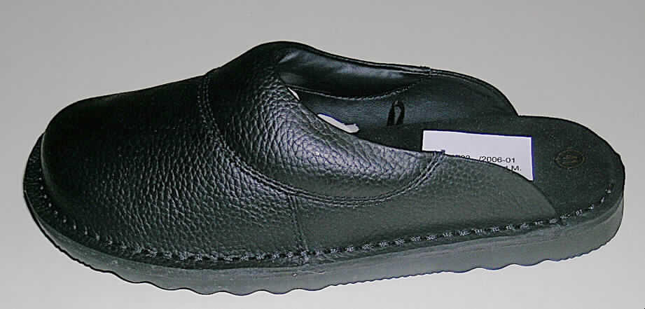 Freizeitschuhe (lt. Antrag Herren Lederpantoffel), siehe Foto,
- mit festen und robusten Laufsohlen aus (lt. Antrag) Kunststoff,
- mit pantoffelartigem Oberteil (geschlossenes Blatt) aus (lt. Antrag) Leder,
- ohne Metallschutz in der Vorderkappe,
- nicht den Knöchel bedeckend,
- mit einer Länge der Innensohle von mehr als 24 cm,
- nicht als Männer- oder Frauenschuhe erkennbar,
- nach dem äußeren Erscheinungsbild und der Ausstattung (offener Fersenbereich) nicht für
  eine sportliche Betätigung geeignet.