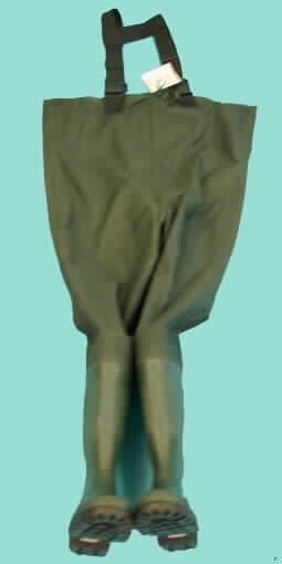 Stiefelhose, laut Antrag "Wathose, Art.-Nr. 90456"
bestehend aus
- wasserdichten Schuhen (Stiefeln)
  -- mit Laufsohlen aus Kautschuk (laut ergänzenden Antragsangaben),
  -- mit Oberteil aus Kautschuk (Spinnstoff mit einer mit dem bloßen Auge 
     wahrnehmbaren Außenschicht aus Kautschuk - Beschaffenheitsangabe
    "Kautschuk" laut ergänzenden Antragsangaben),
  -- nicht durch Nähen, Nieten, Nageln, Schrauben, Stecken oder ähnliche
     Verfahren zusammengefügt,
  -- ohne Metallschutz in der Vorderkappe,
  -- den Knöchel, jedoch nicht das Knie bedeckend 
- und einem mit den Stiefeln an deren oberen Rand fest verbundenen
  Ansatzteil in der Art einer Hose
  -- aus beschichtetem Gewebe aus Nylon (laut Antrag),
  -- bis zur Brust reichend,
  -- mit eingearbeiteter Brusttasche,
  -- mit Hosenträgern aus Spinnstoff,
- weder den Stiefeln noch dem Hosenteil kann eine charakterbestimmende
  Bedeutung zugemessen werden, daher Einreihung gem. AV 3 c) in die 
  zuletzt genannte Position